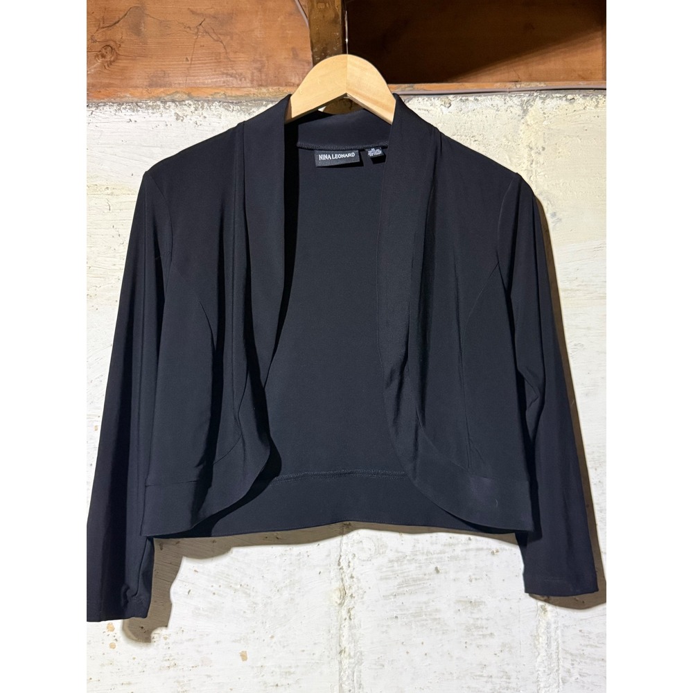 Nina Leonard Womens M Black Bolero Shrug Open Front Long Sleeve Cropped Cardigan
